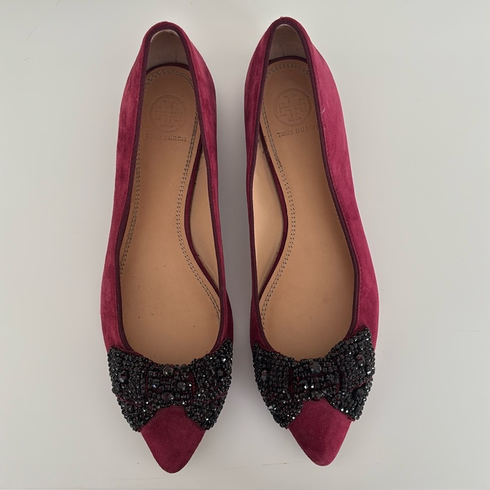 Tory Burch Suede Beaded Crystal Bow Pointed Toe Ballet Flats Burgundy Size 8